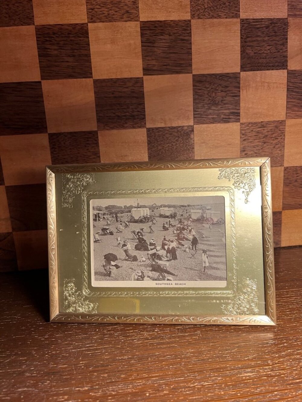 Vintage South Sea Beach Scene Card in Repurposed Gold Toned Frame